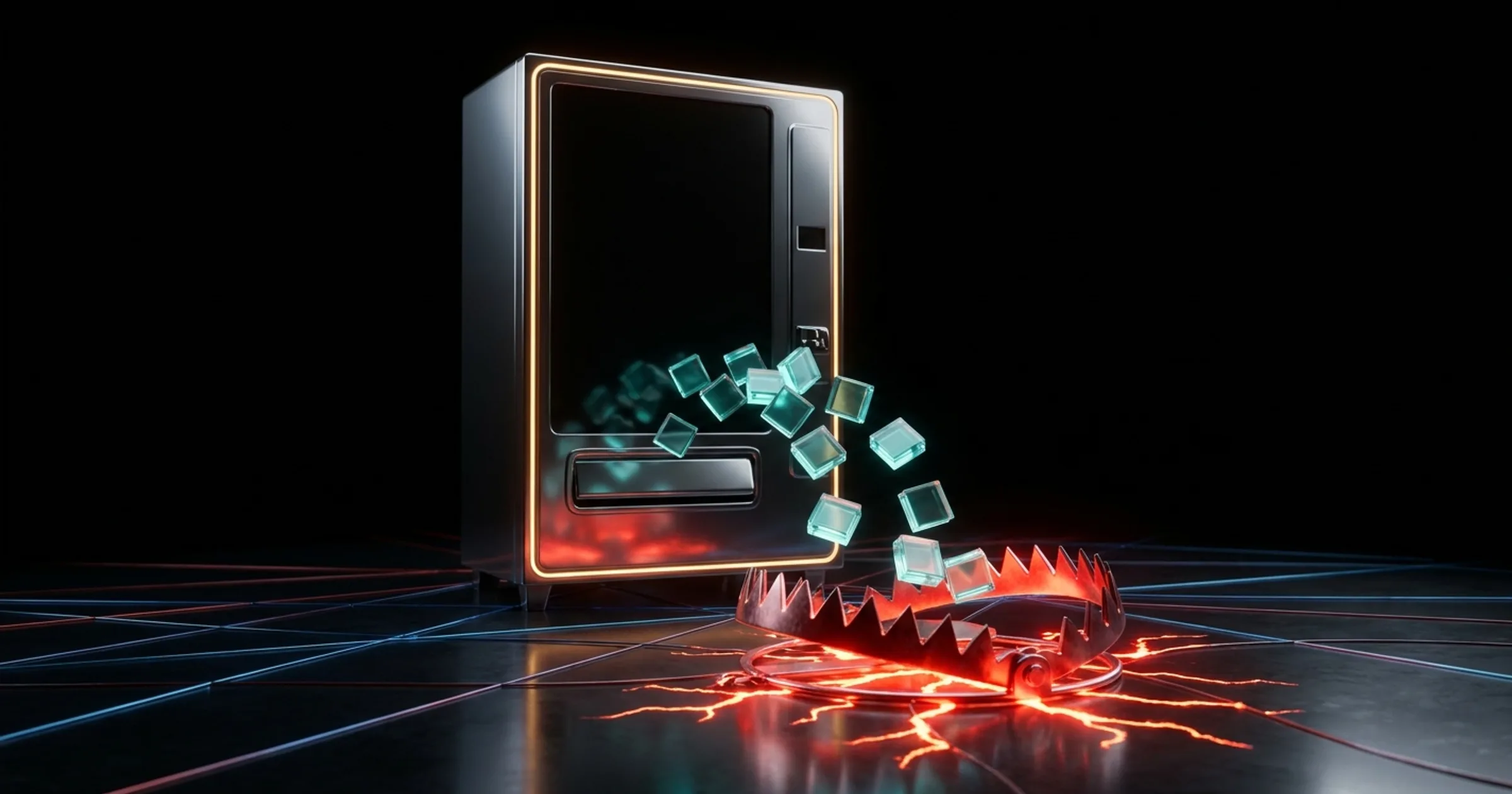 A vending machine dispensing glowing glass tiles that fall into a red-glowing steel trap