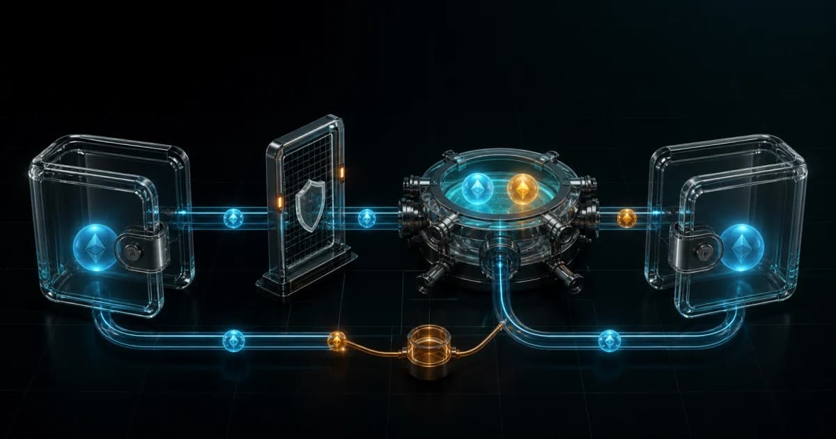 A self-custody wallet routing assets through an approval gate and automated exchange pool