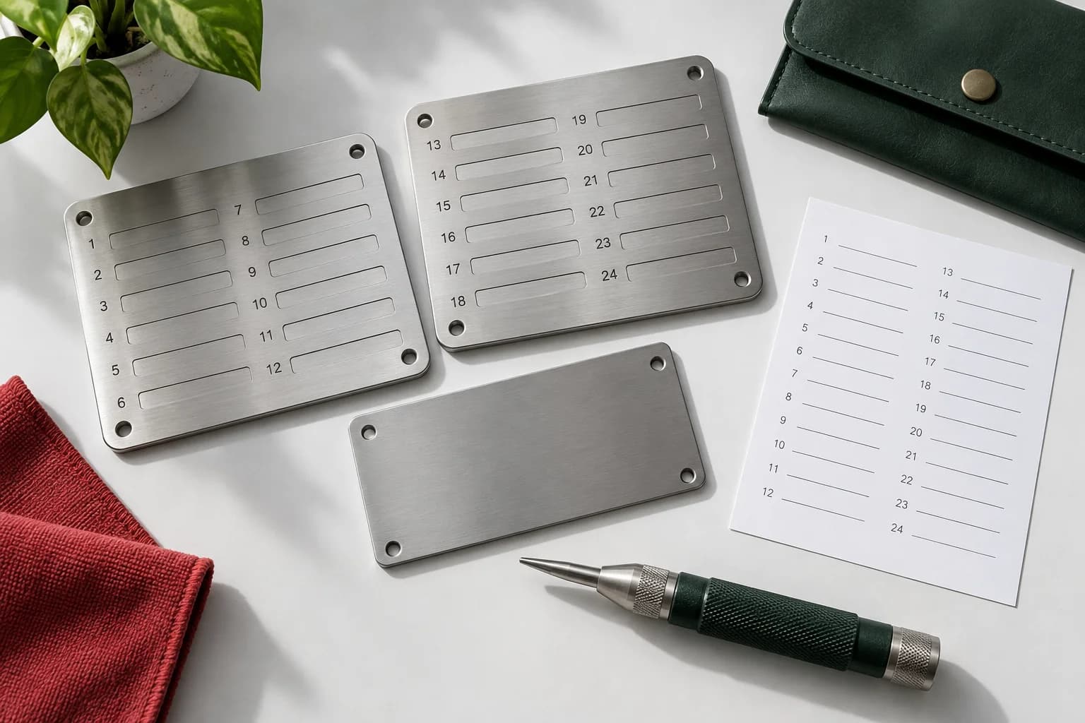Blank metal backup plates, an automatic punch, and an empty paper recovery card on a white surface