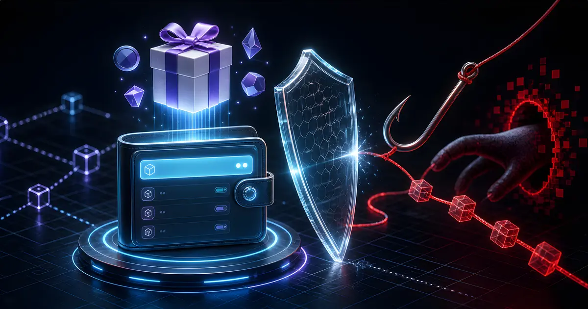 A fake crypto reward baiting a wallet while a security shield blocks a phishing hook