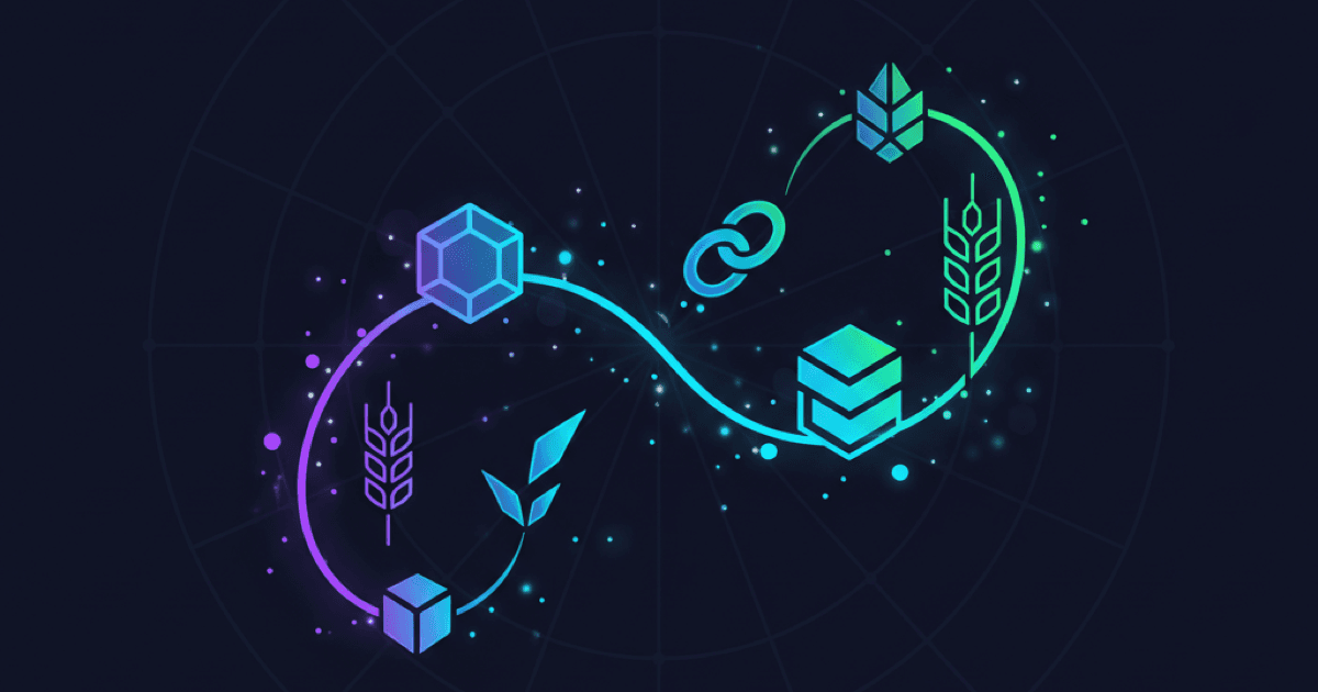 Neon path of points connecting tokens and a wheat sprout on a dark grid background