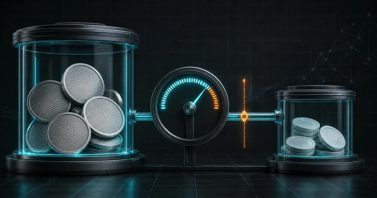 XRP collateral moving through a loan-to-value gauge toward a stablecoin loan