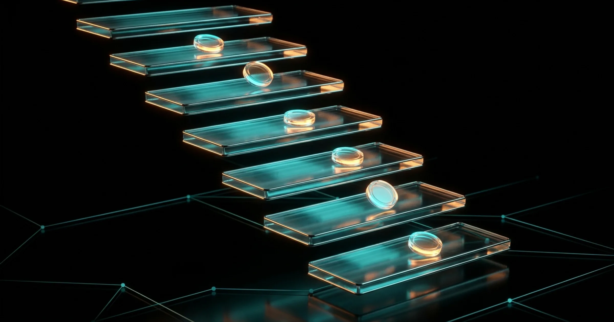 A descending staircase of glass tiers with coins sliding down and shrinking