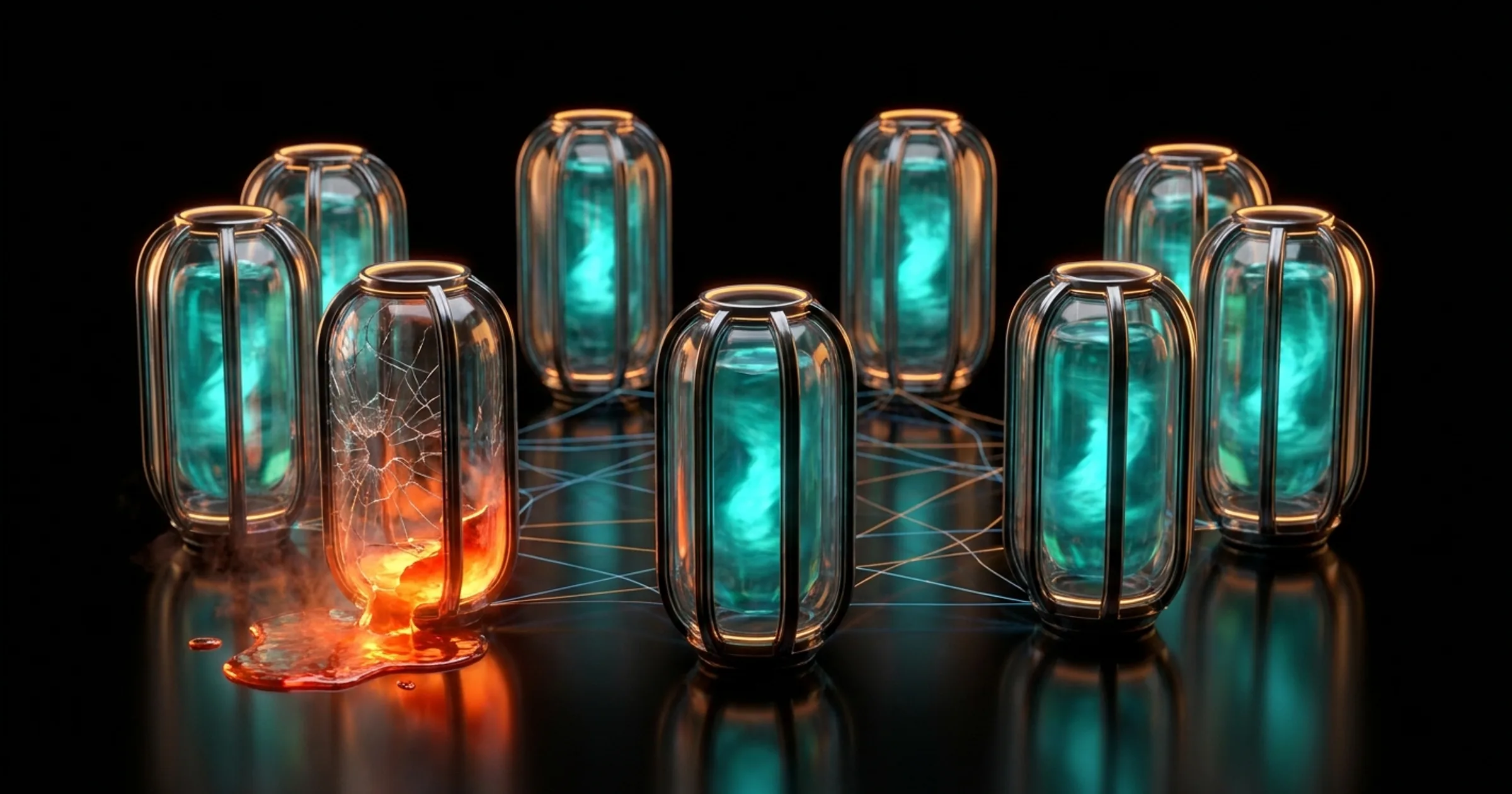 A ring of glass capsule pods glowing teal, with one cracked and leaking red
