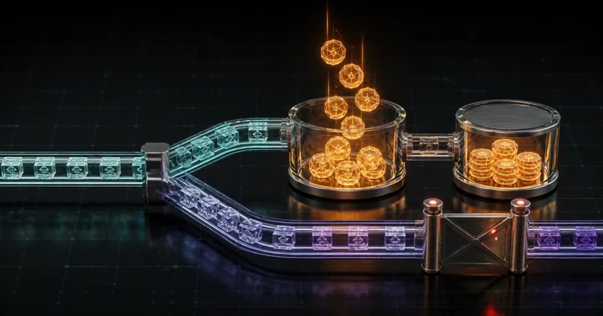 A blockchain fork sending received tokens into an income ledger and matching basis vessel while another path remains blocked