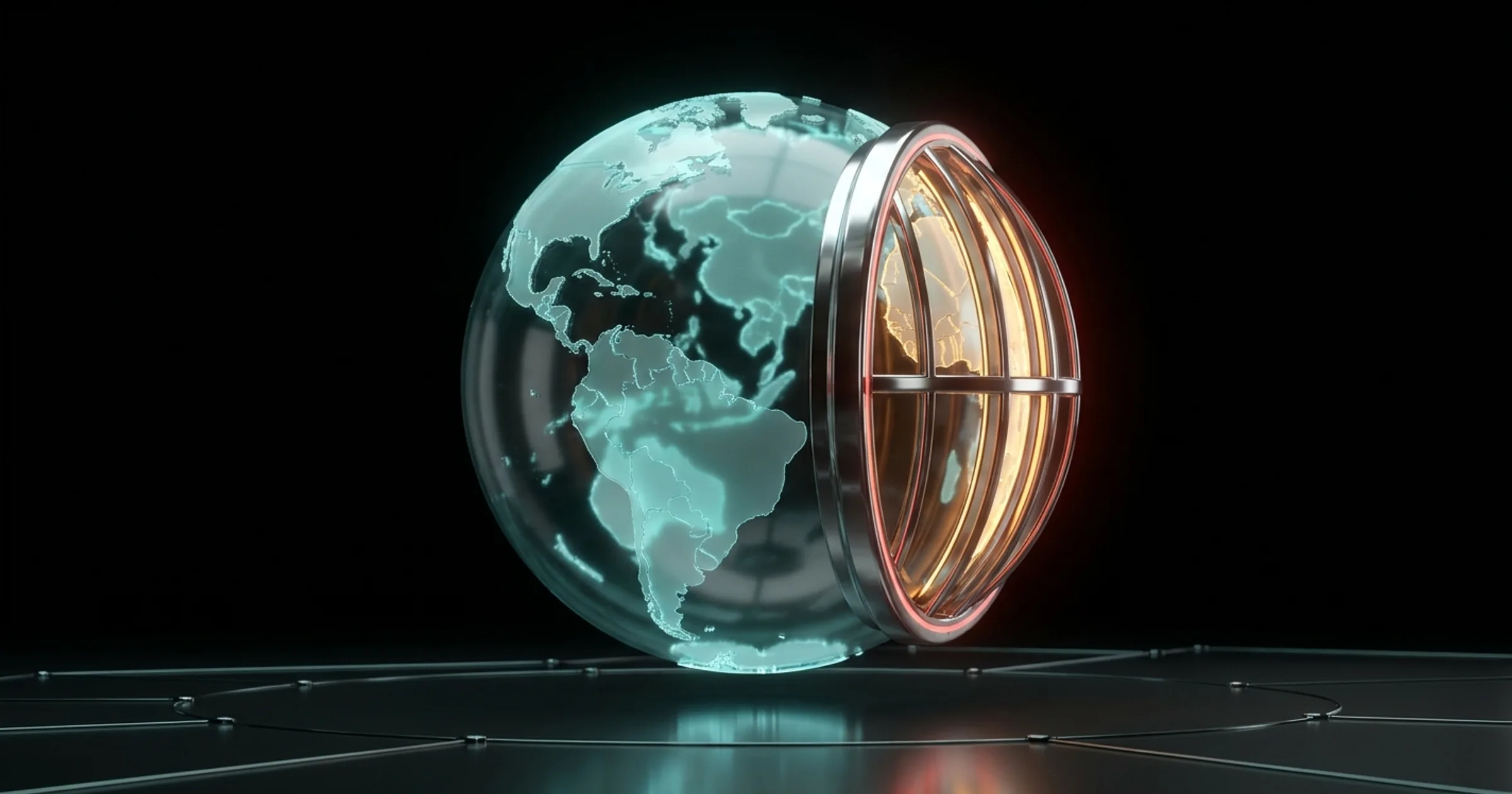 A glass globe with one region sealed behind a chromed barrier gate
