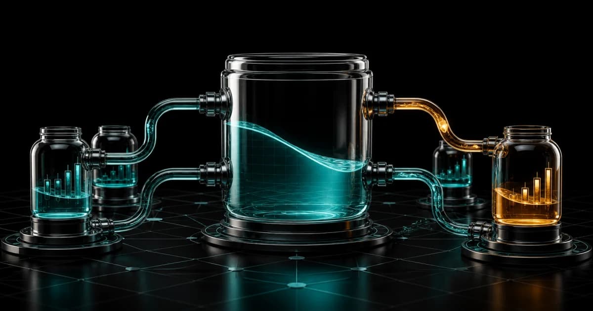 A shared liquidity reservoir absorbing gains and losses from opposing perpetual positions