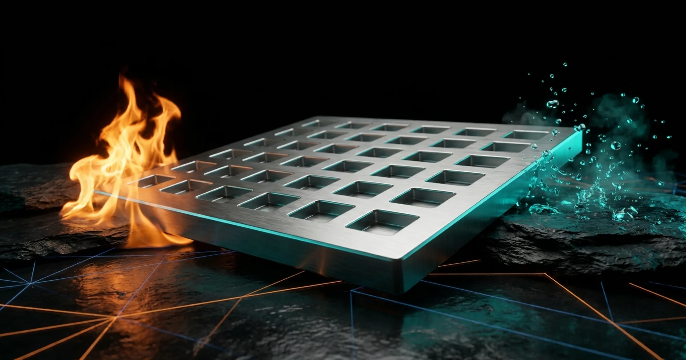 A brushed stainless steel plate with stamped recesses, flames on one side and water on the other