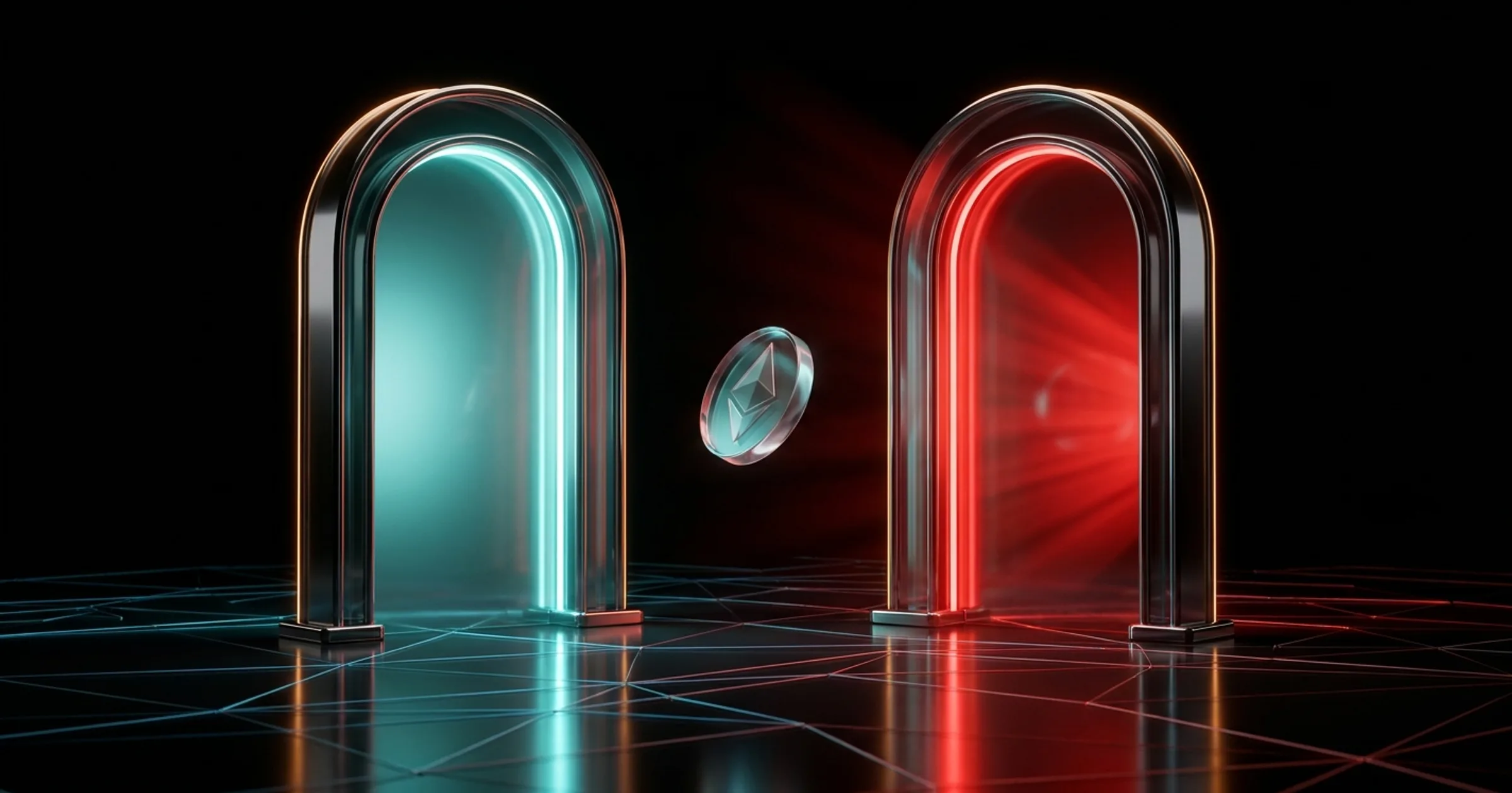 Two identical glowing portal doorways, one teal and one red, with a glass token floating between them