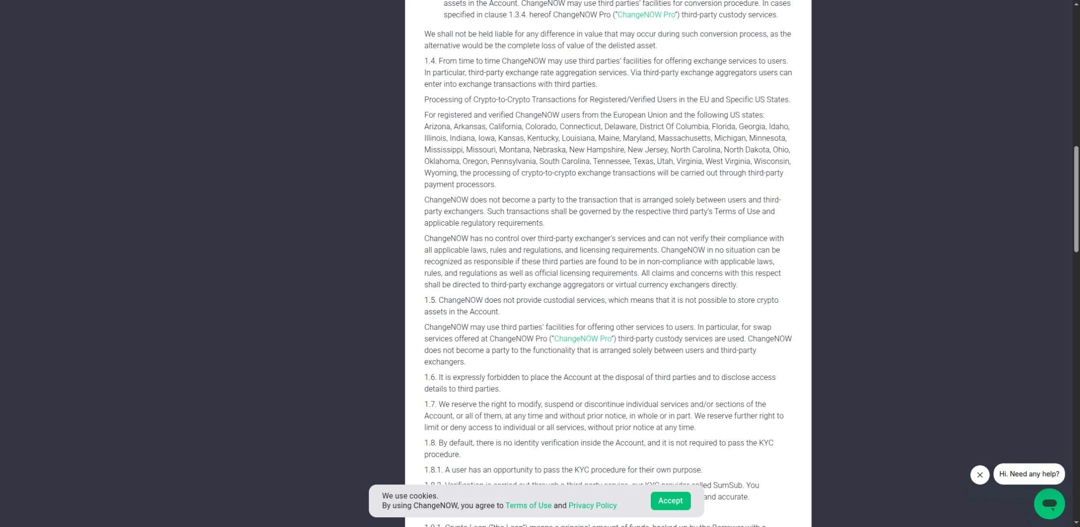 ChangeNOW Pro section 1.4 showing registered and verified users, specified US states, and third-party processors