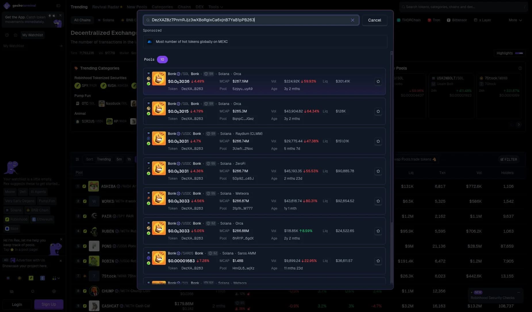 GeckoTerminal contract search showing ten BONK pools with different liquidity and quote assets