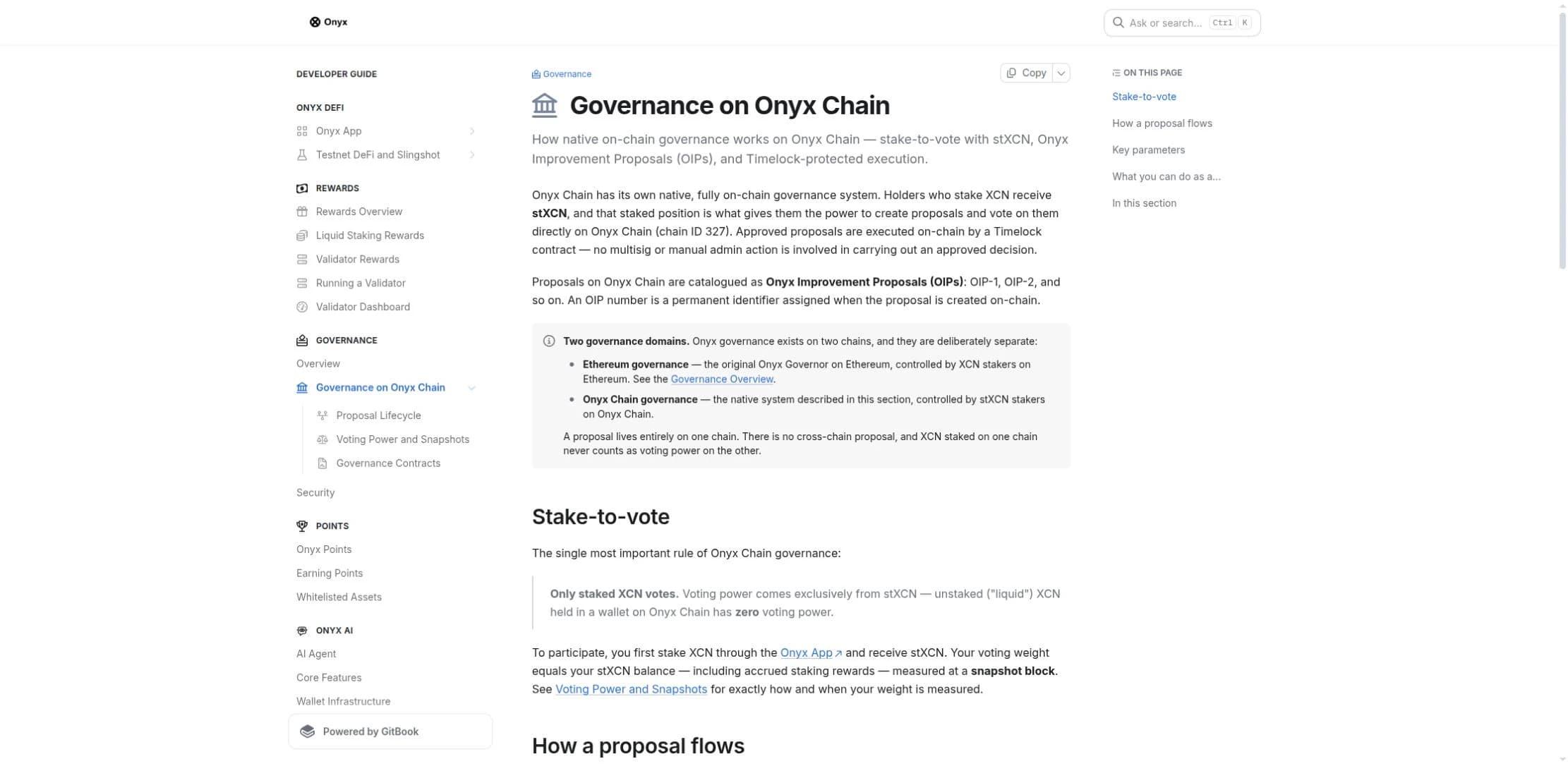 Onyx documentation with a Two governance domains notice separating Ethereum and Onyx Chain governance