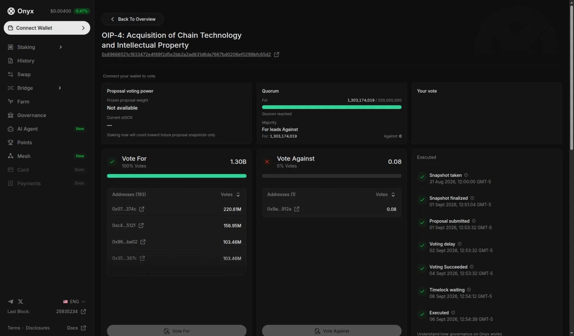 Onyx OIP-4 detail view with voting weights, address lists, quorum, and an execution timeline