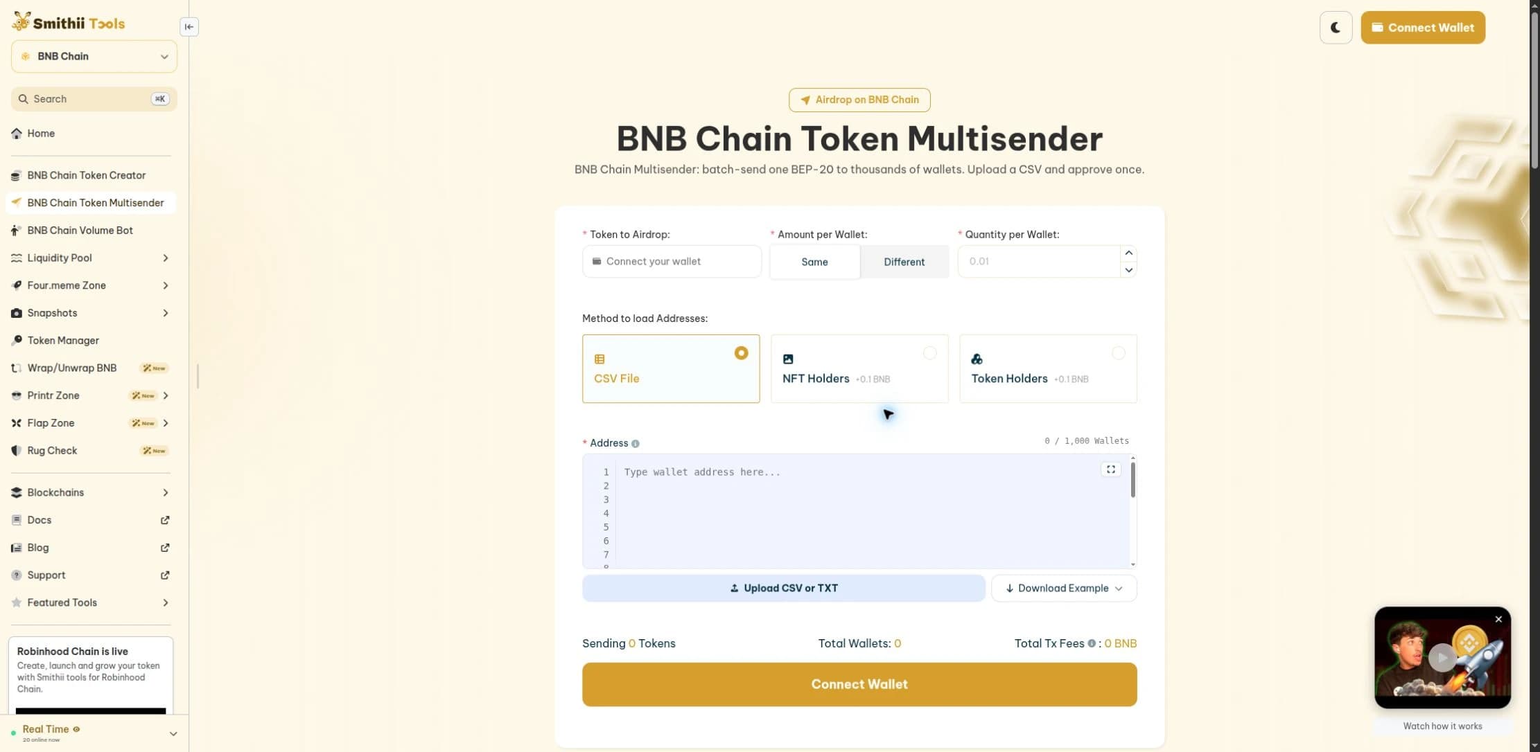 Smithii multisender with CSV selected and NFT and token holder imports each labeled plus 0.1 BNB