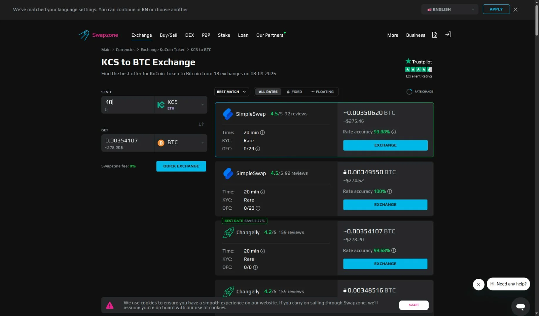 Swapzone KCS to BTC estimates showing named providers and a Changelly Best Rate offer