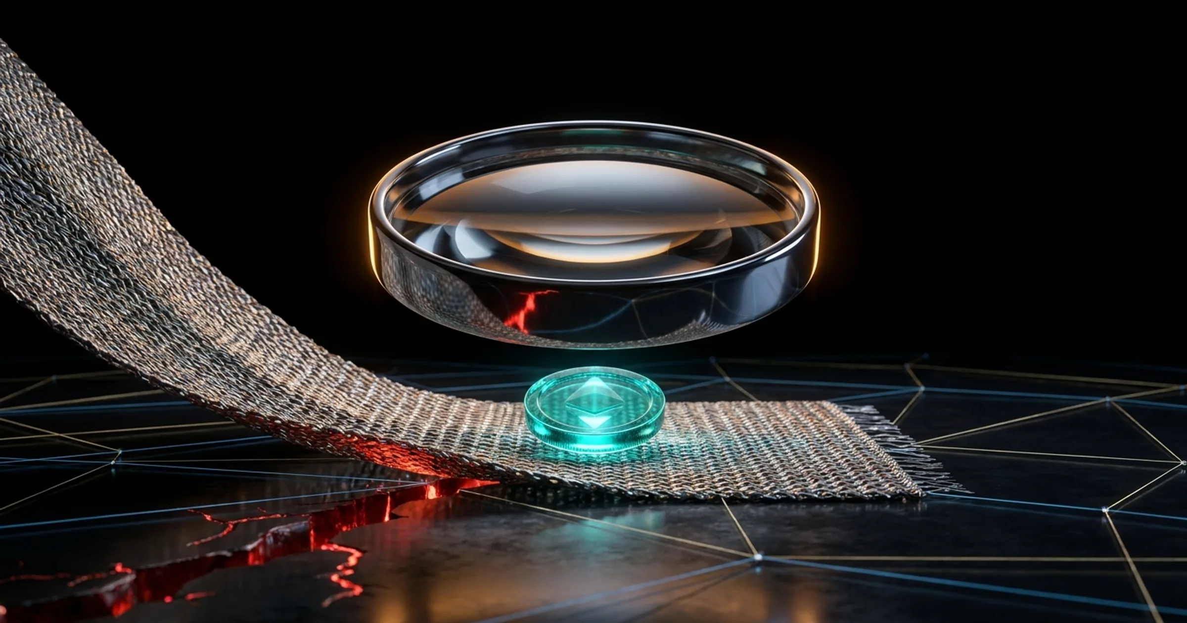 A magnifying lens over a glowing token as a metallic rug is pulled away beneath it