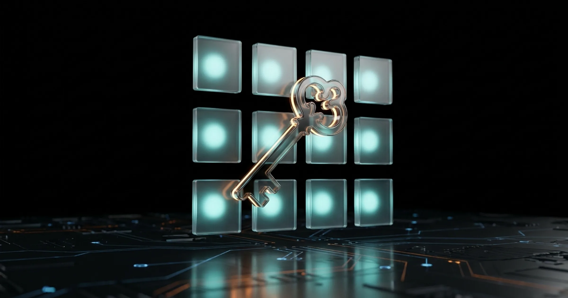 Twelve frosted glass tiles converging to assemble a glowing chromed key