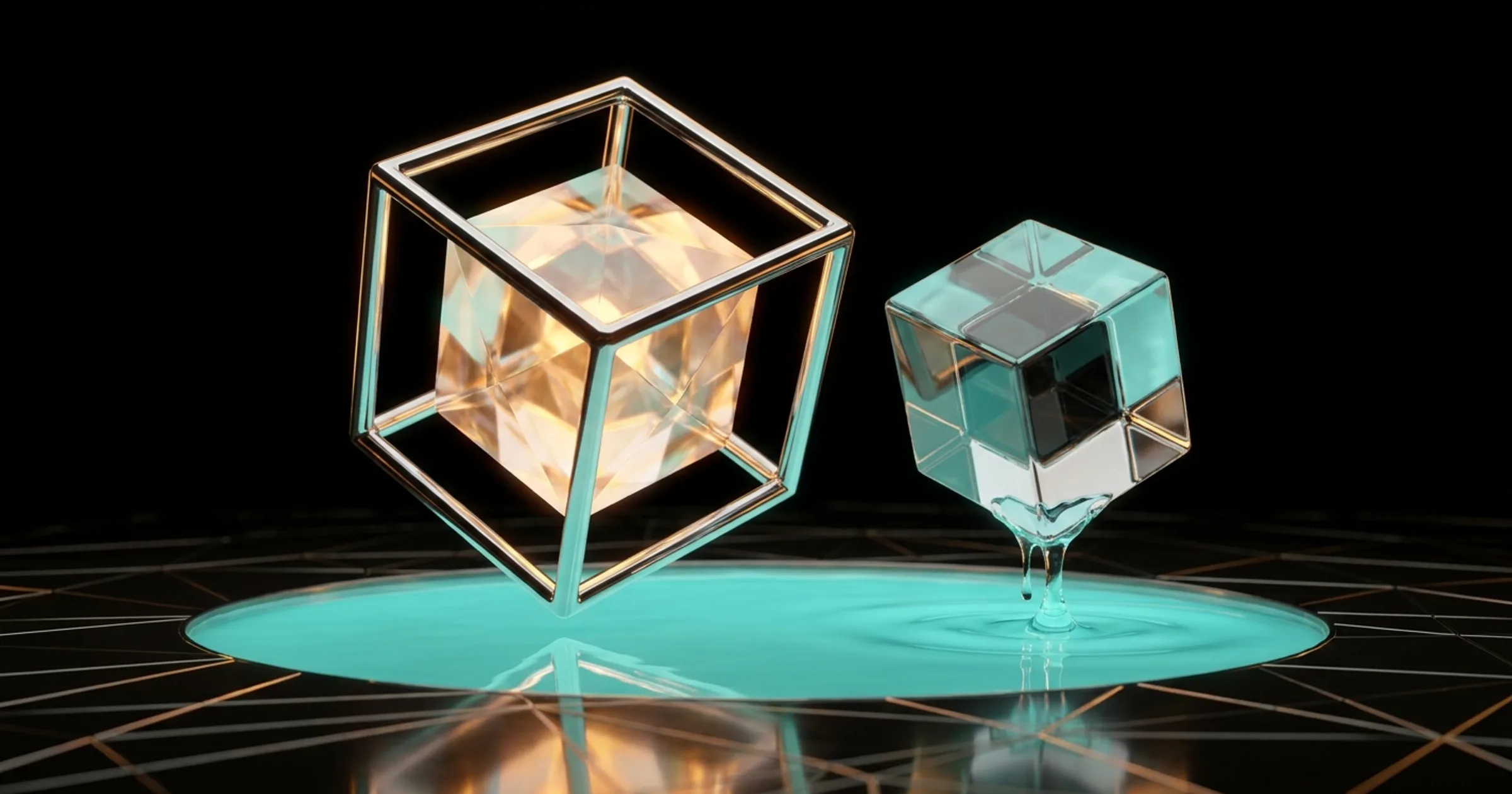 A caged glowing crystal cube above a pool of teal liquid, with a mirrored copy rising from it