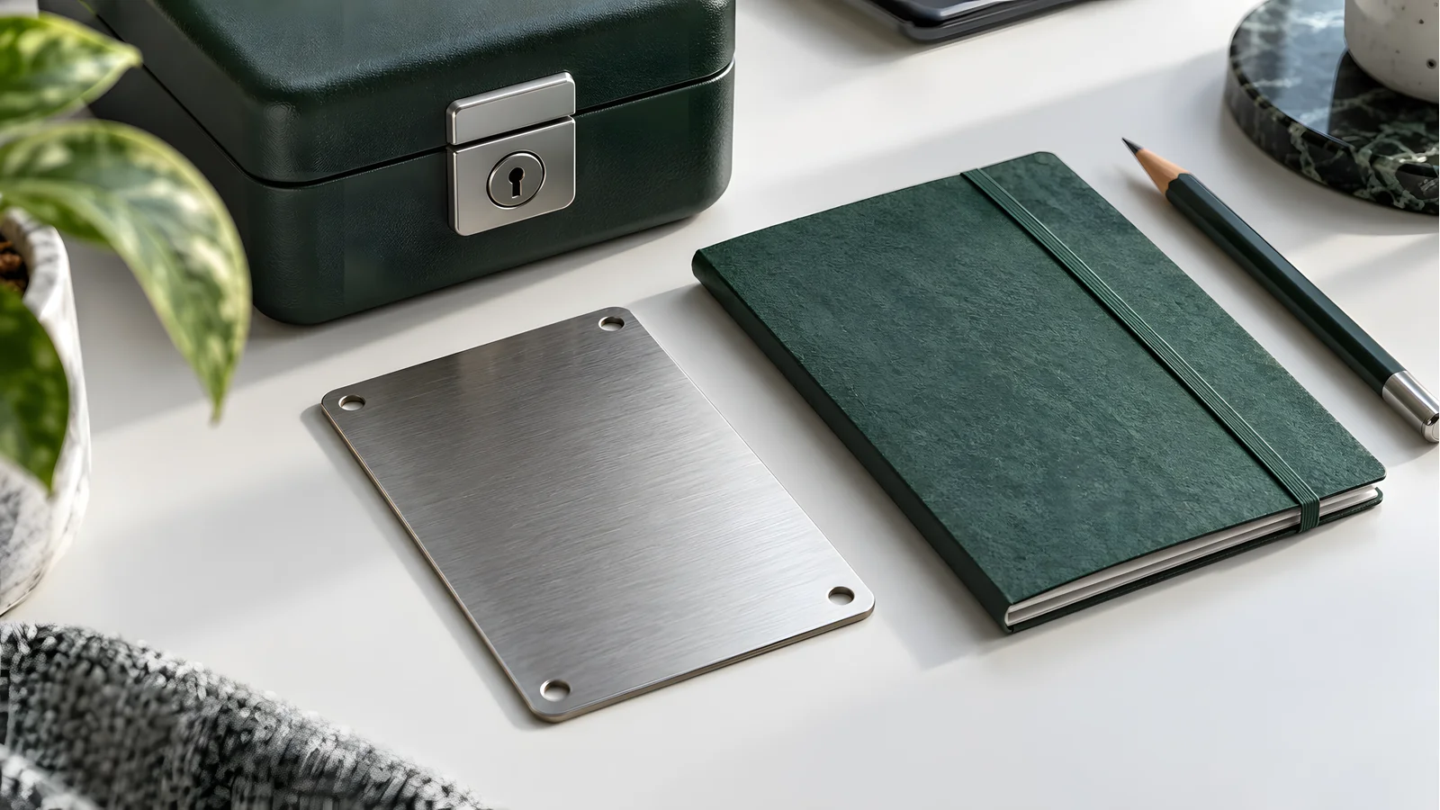 Recovery booklet and metal backup stored offline beside a lockbox