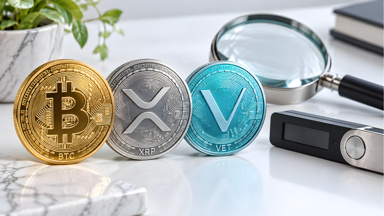 BTC, XRP and VET symbols beside a magnifying glass and generic hardware wallet