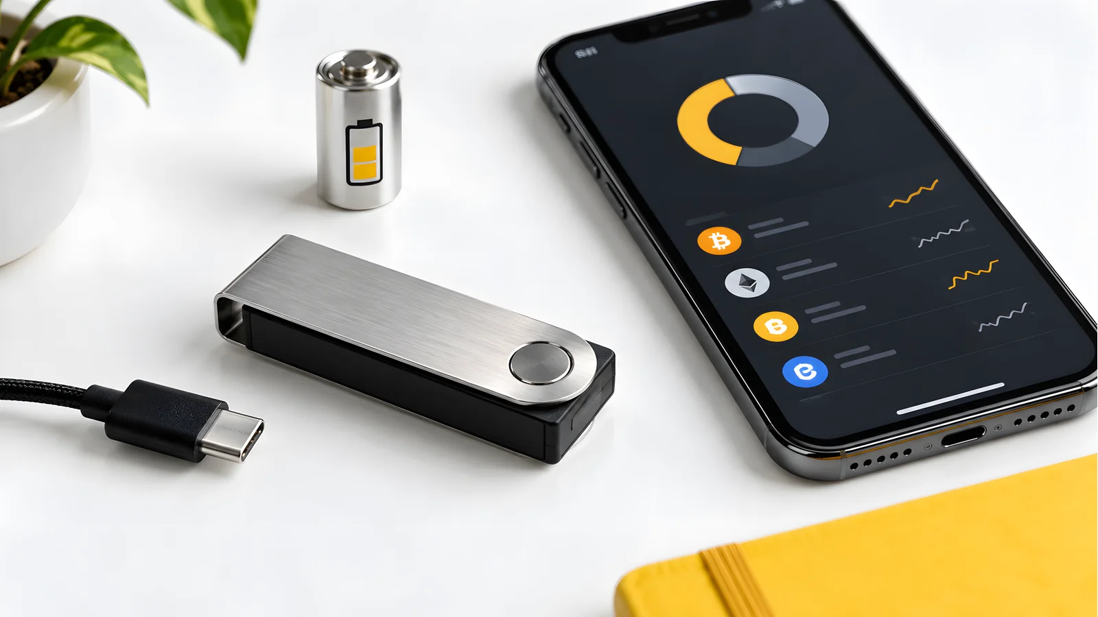 Mobile hardware-wallet setup with a smartphone, USB-C cable and battery symbol